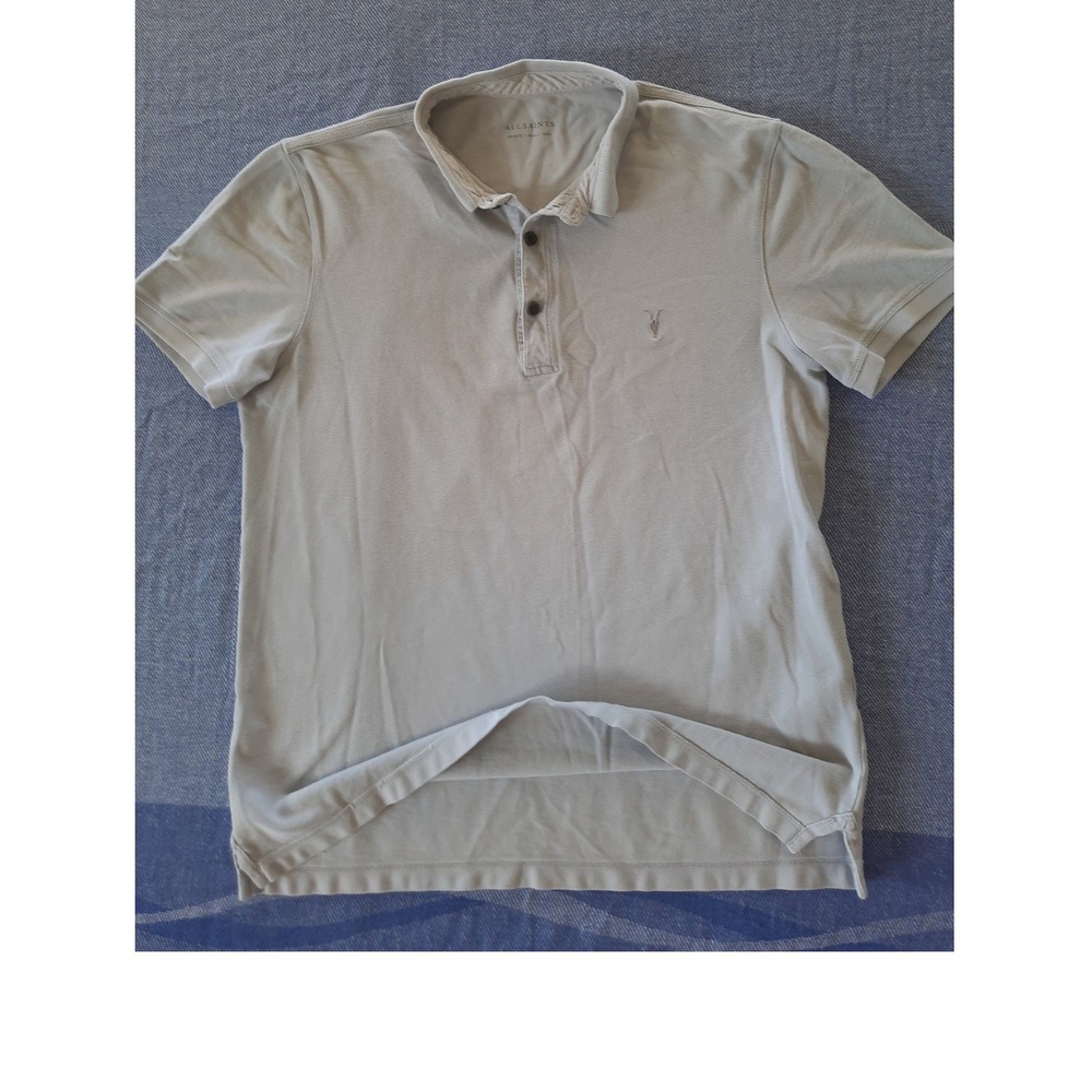 AllSaints Reform Polo Shirt Mens Medium Light Grey Cotton Pique Ramskull Logo